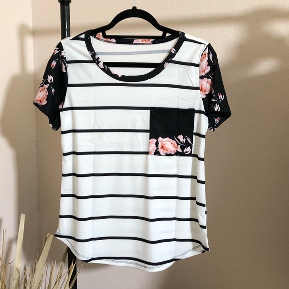 The Ana Black Striped T-Shirt with Patch Pocket - Picture 2 of 6